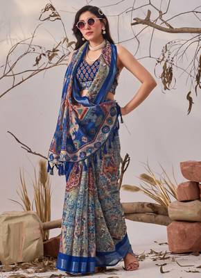 Navy blue linen cotton digital patola print saree with matching blouse 2