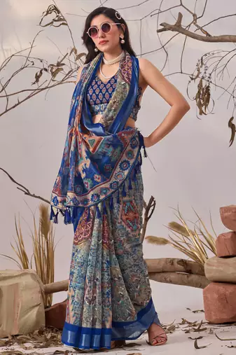 Navy blue linen cotton digital patola print saree with matching blouse