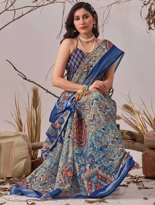 Navy blue linen cotton digital patola print saree with matching blouse 3