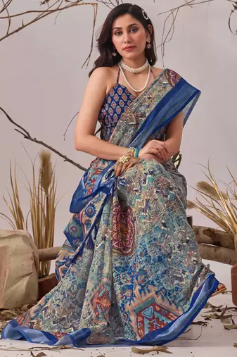 Navy blue linen cotton digital patola print saree with matching blouse