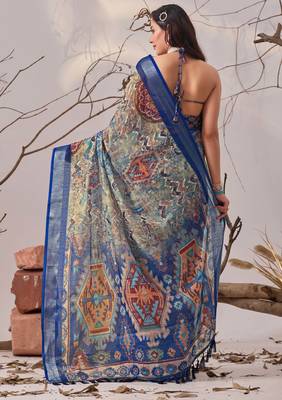 Navy blue linen cotton digital patola print saree with matching blouse 4