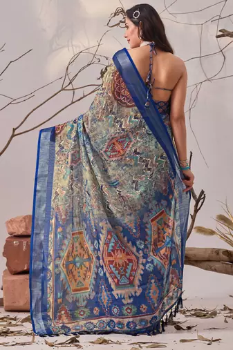 Navy blue linen cotton digital patola print saree with matching blouse