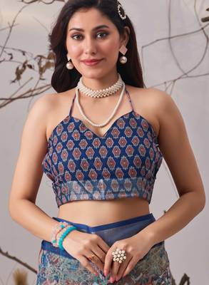 Navy blue linen cotton digital patola print saree with matching blouse 5