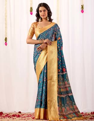 Teal banarasi silk saree with tribal art print & rich zari border | festival wear soft lichi silk saree with blouse 1