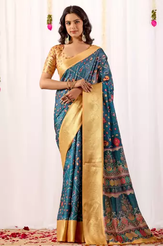 Teal banarasi silk saree with tribal art print & rich zari border | festival wear soft lichi silk saree with blouse