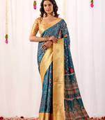 Teal banarasi silk saree with tribal art print & rich zari border | festival wear soft lichi silk saree with blouse