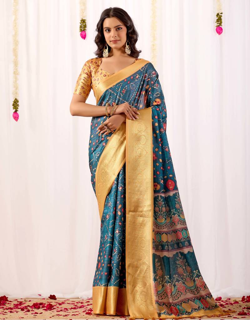Teal banarasi silk saree with tribal art print & rich zari border | festival wear soft lichi silk saree with blouse