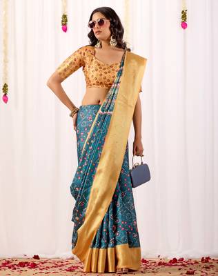 Teal banarasi silk saree with tribal art print & rich zari border | festival wear soft lichi silk saree with blouse 3