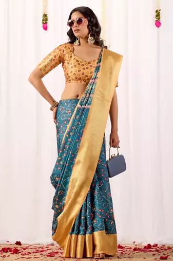 Teal banarasi silk saree with tribal art print & rich zari border | festival wear soft lichi silk saree with blouse