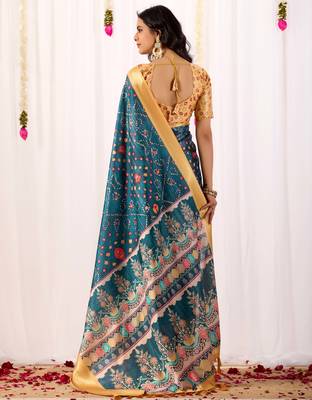 Teal banarasi silk saree with tribal art print & rich zari border | festival wear soft lichi silk saree with blouse 5