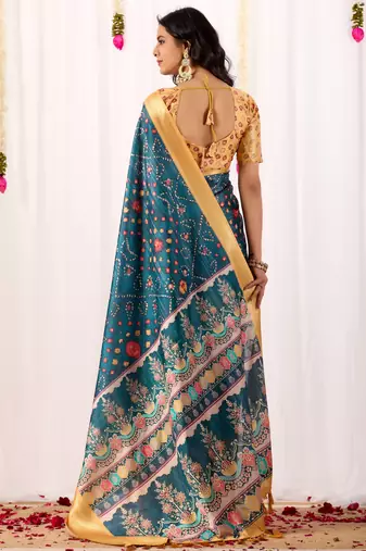 Teal banarasi silk saree with tribal art print & rich zari border | festival wear soft lichi silk saree with blouse