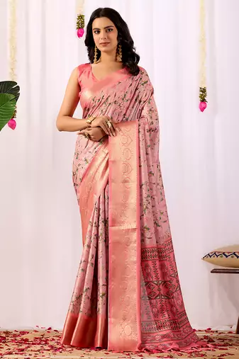 Light pink elegant printed soft silk saree with floral artistry & zari border – banarasi silk style saree with blouse