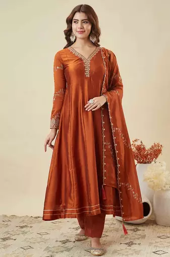 Women embroidered flared kurta suit set