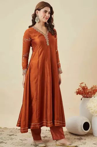 Women embroidered flared kurta suit set
