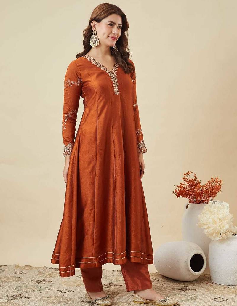 Women embroidered flared kurta suit set