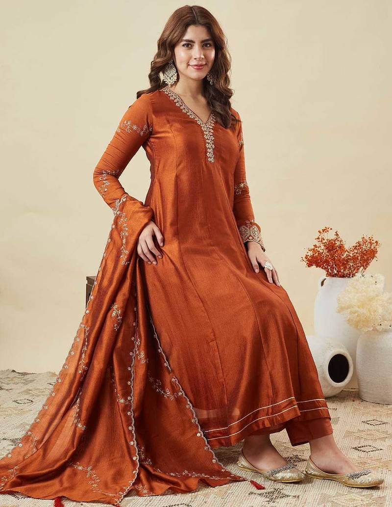 Women embroidered flared kurta suit set