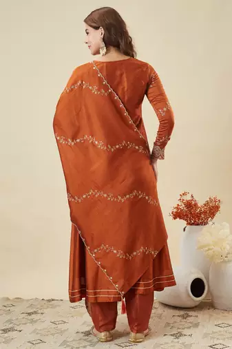 Women embroidered flared kurta suit set