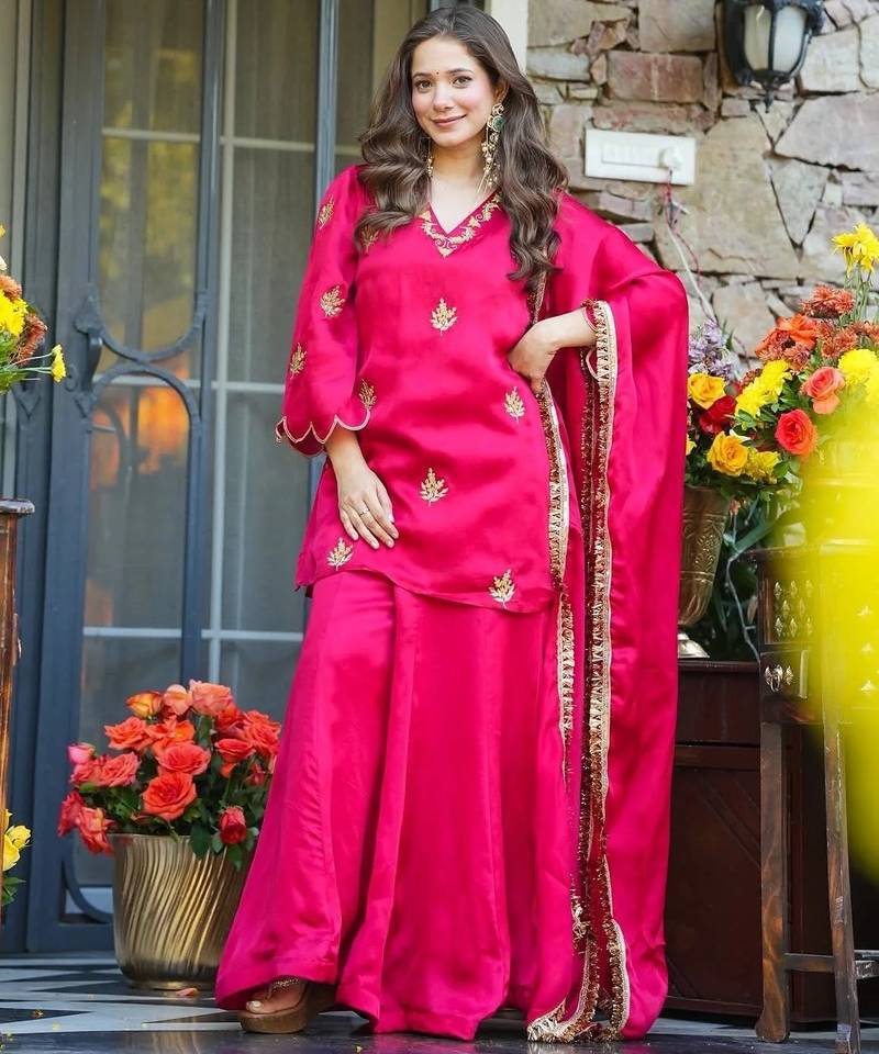 Stylish pink frendy silk kurta palazzo set with embroidery sequence work festive wear outfit