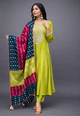 Elegant lime green chanderi kurta set with embroidered neck and contrast dupatta festive wear 2