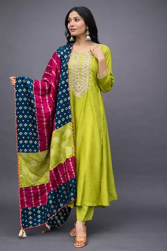 Elegant lime green chanderi kurta set with embroidered neck and contrast dupatta festive wear