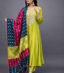 Elegant lime green chanderi kurta set with embroidered neck and contrast dupatta festive wear