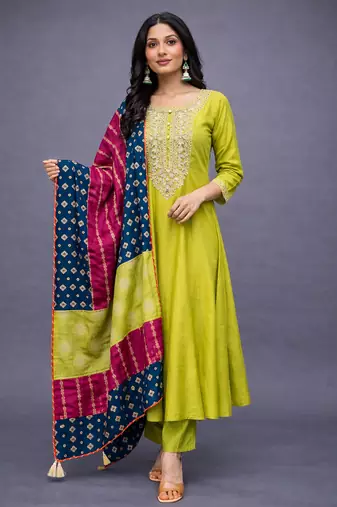 Elegant lime green chanderi kurta set with embroidered neck and contrast dupatta festive wear