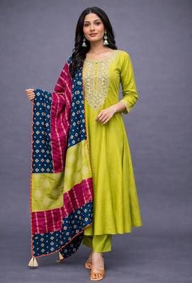 Elegant lime green chanderi kurta set with embroidered neck and contrast dupatta festive wear 4