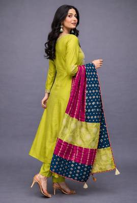Elegant lime green chanderi kurta set with embroidered neck and contrast dupatta festive wear 5
