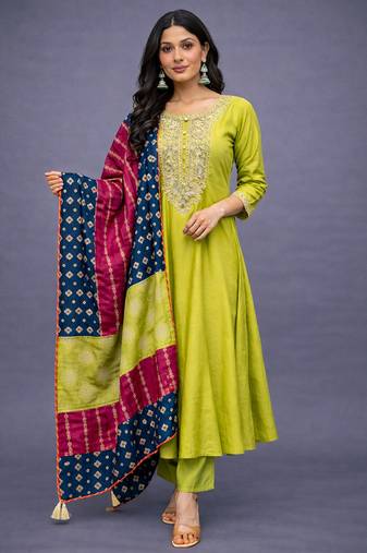 Elegant lime green chanderi kurta set with embroidered neck and contrast dupatta festive wear