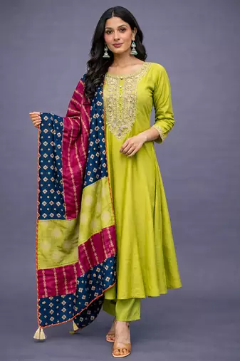 Elegant lime green chanderi kurta set with embroidered neck and contrast dupatta festive wear