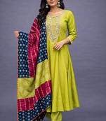 Elegant lime green chanderi kurta set with embroidered neck and contrast dupatta festive wear