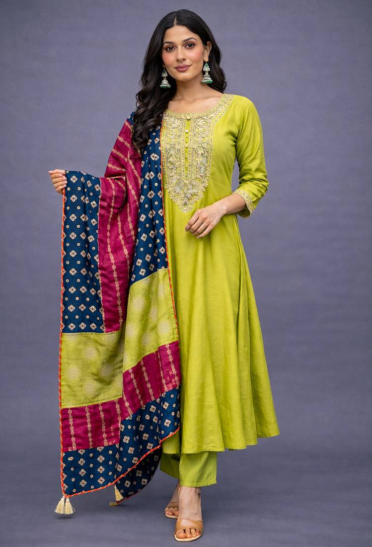 Elegant lime green chanderi kurta set with embroidered neck and contrast dupatta festive wear
