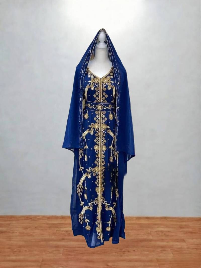 Royal Blue Embroidered Kaftan with Dupatta