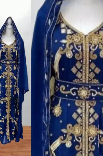 Royal Blue Embroidered Kaftan with Dupatta