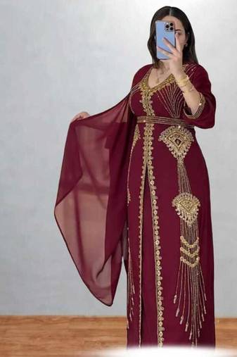 Maroon Embroidered Kaftan Dress with Dupatta