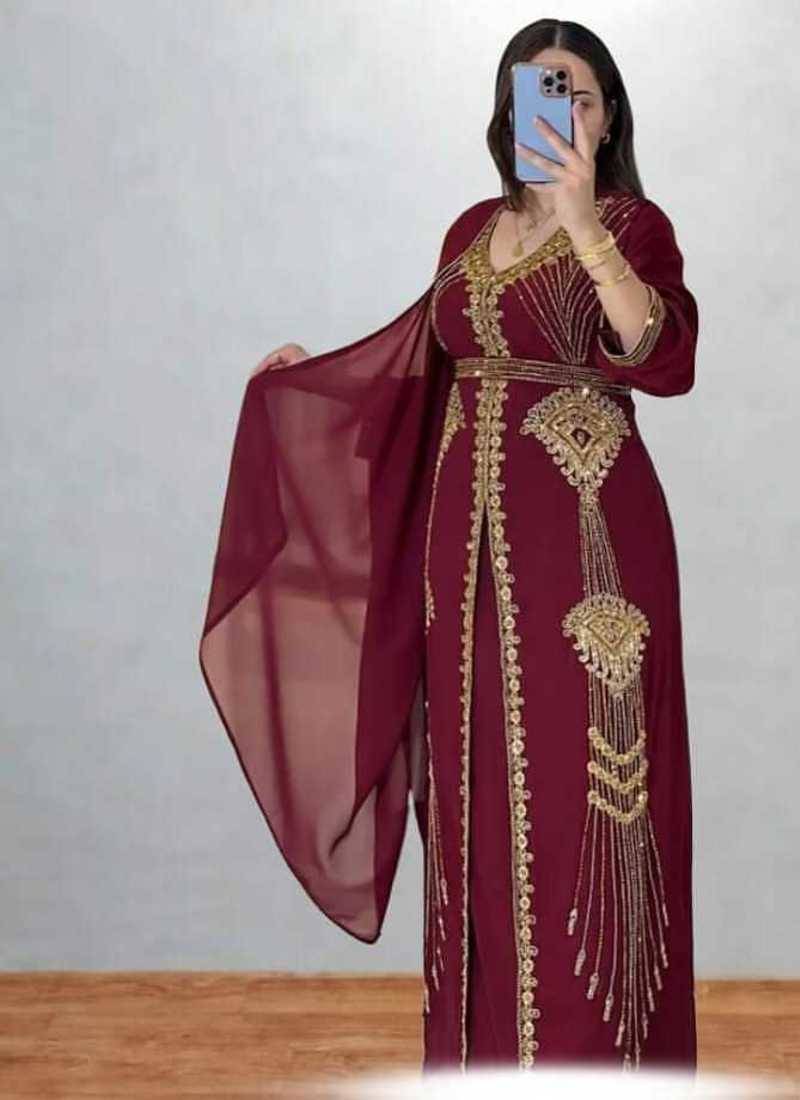 Maroon Embroidered Kaftan Dress with Dupatta