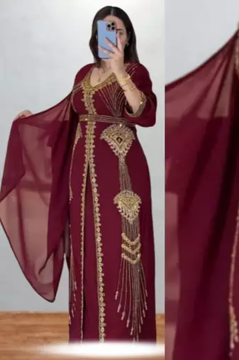 Maroon Embroidered Kaftan Dress with Dupatta