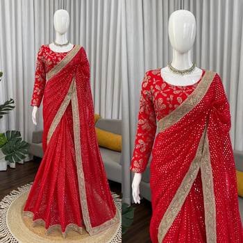 Georgette Sequnce Work Women's saree With Blouse Set 2