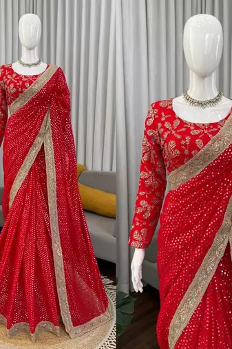 Georgette Sequnce Work Women's saree With Blouse Set