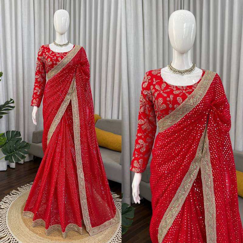 Georgette Sequnce Work Women's saree With Blouse Set