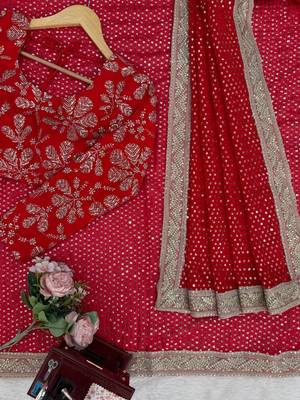 Georgette Sequnce Work Women's saree With Blouse Set 4