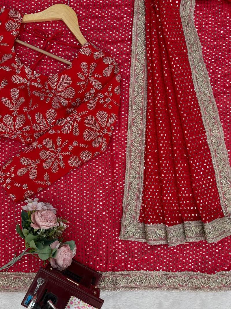 Georgette Sequnce Work Women's saree With Blouse Set