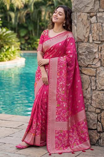 Rani Pink Raw Silk Saree with Silver Zari & Multicolor thread Woven Work | Festive Wear