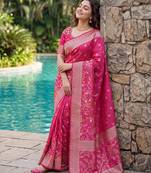 Rani Pink Raw Silk Saree with Silver Zari & Multicolor thread Woven Work | Festive Wear