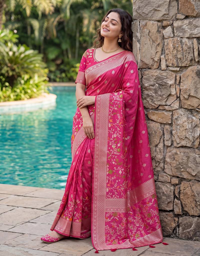 Rani Pink Raw Silk Saree with Silver Zari & Multicolor thread Woven Work | Festive Wear
