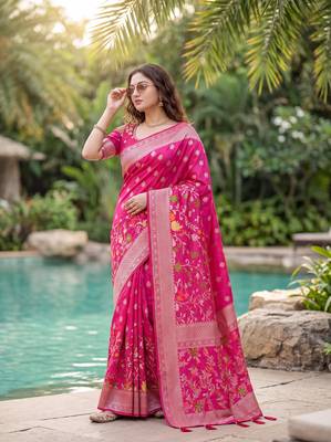 Rani Pink Raw Silk Saree with Silver Zari & Multicolor thread Woven Work | Festive Wear 2