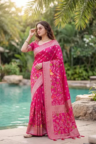 Rani Pink Raw Silk Saree with Silver Zari & Multicolor thread Woven Work | Festive Wear