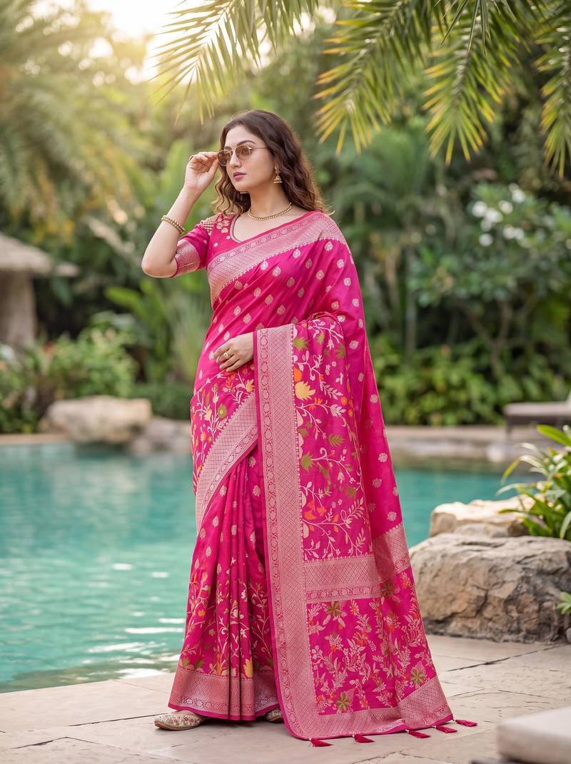 Rani Pink Raw Silk Saree with Silver Zari & Multicolor thread Woven Work | Festive Wear