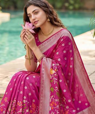 Rani Pink Raw Silk Saree with Silver Zari & Multicolor thread Woven Work | Festive Wear 3