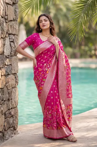 Rani Pink Raw Silk Saree with Silver Zari & Multicolor thread Woven Work | Festive Wear